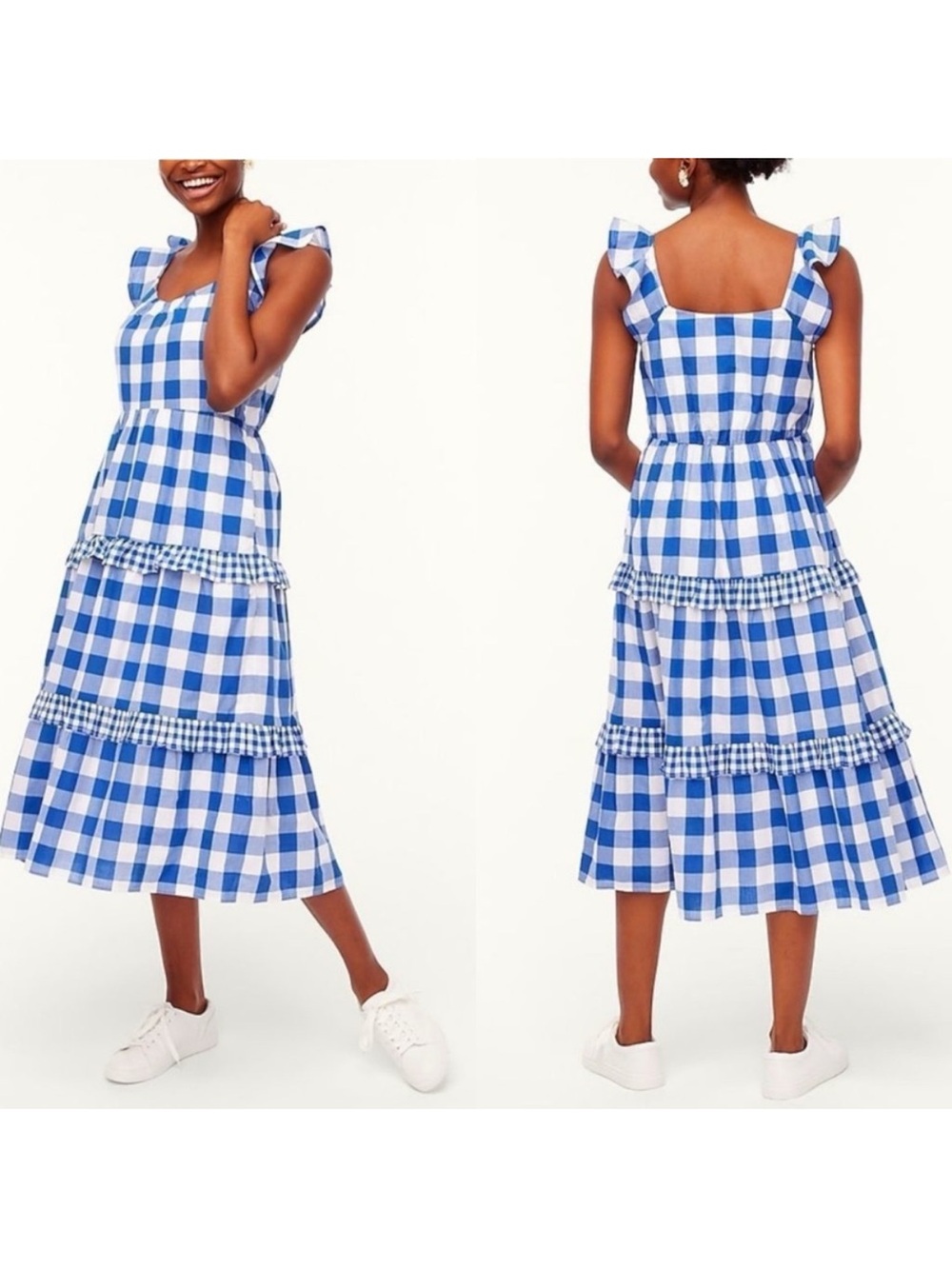 J. Crew Factory Blue and White Gingham Tiered Midi Dress flutter sleeve